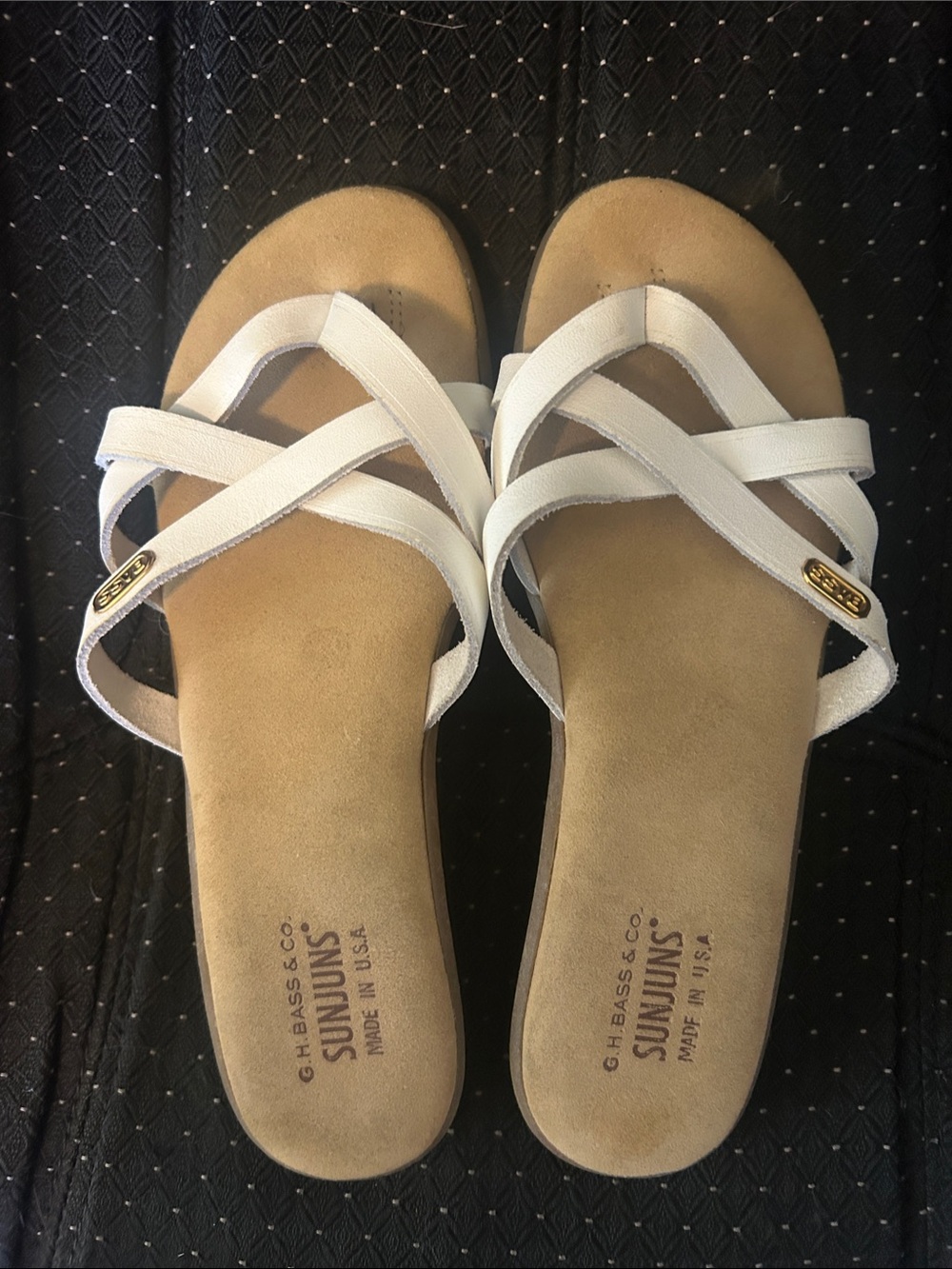 Bass SunJuns- White Crisscross Strap Sandals with Tan Footbed